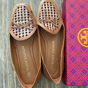 Tory Burch Tan Perforated Flats with Bow Detail